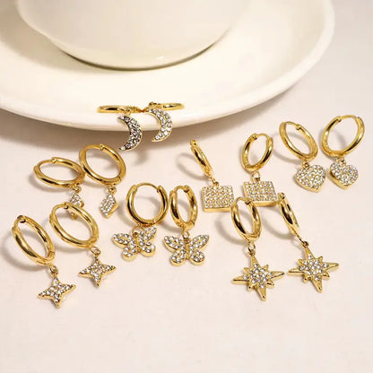 Zircon Butterfly Moon Square Heart Star Love Stud Earrings