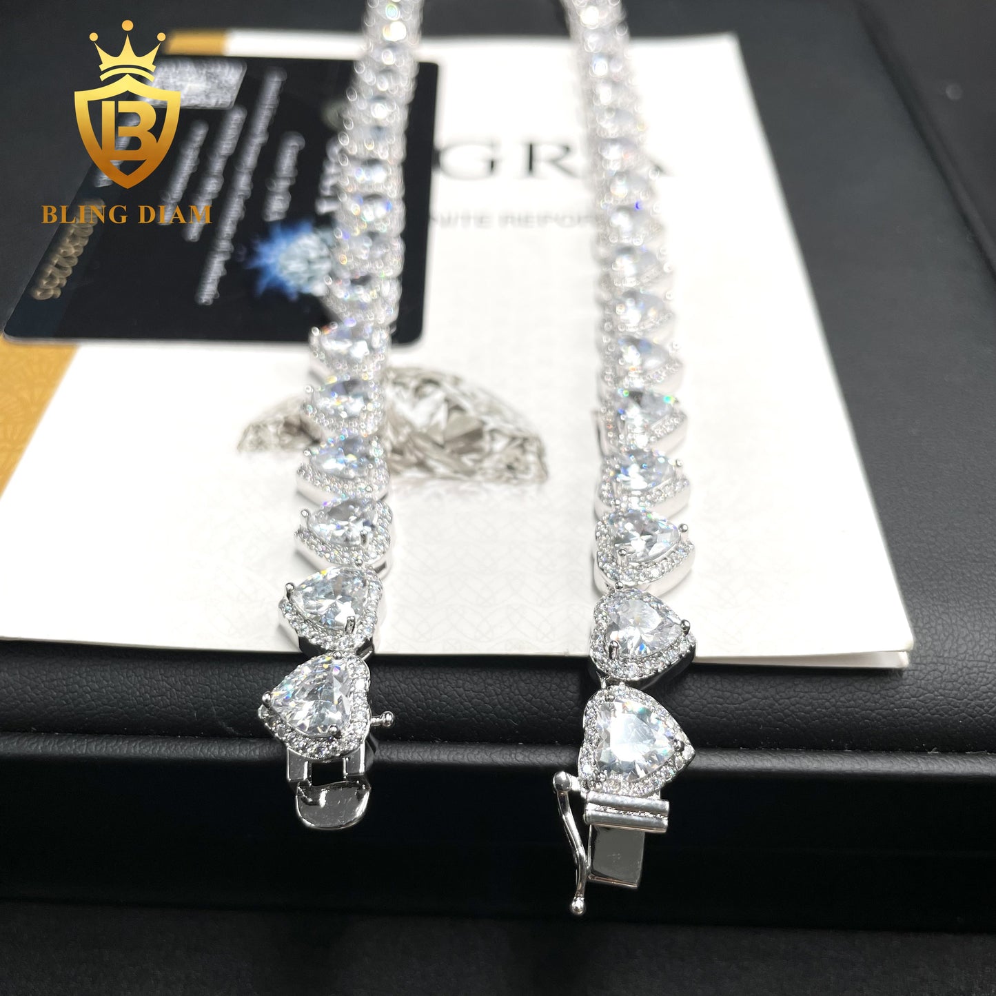 10mm moissonite silver Clustered Heart Cut Tennis Chain