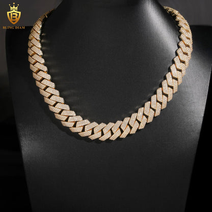 16mm Moissanite Solid 925 Silver Gold Plated Cuban Link Chain