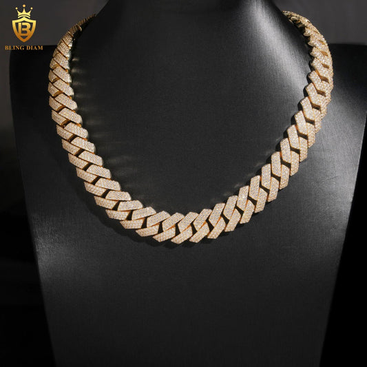 16mm Moissanite Solid 925 Silver Gold Plated Cuban Link Chain