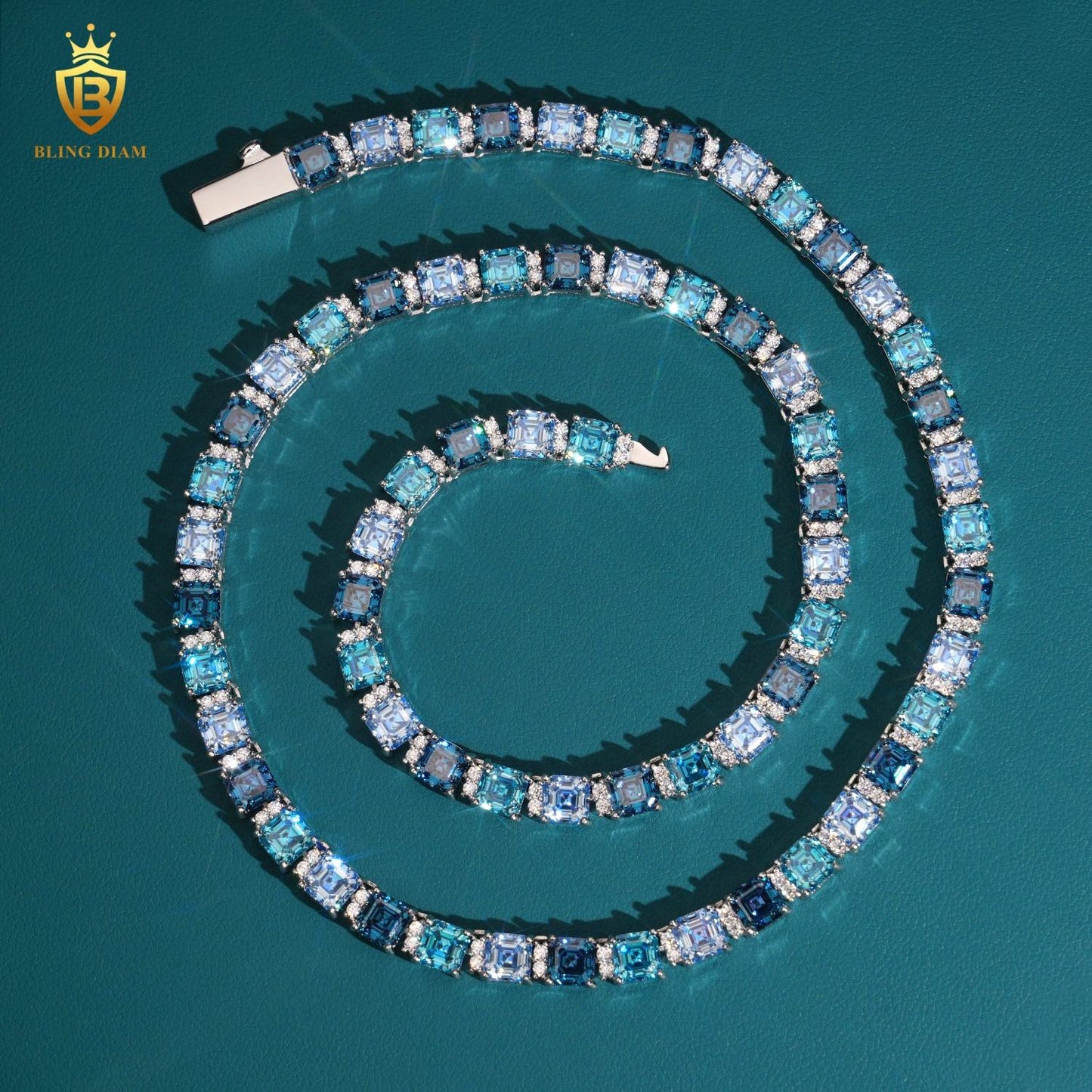 Blue Asscher Cut Moissanite 925 Sterling Silver Tennis Chain