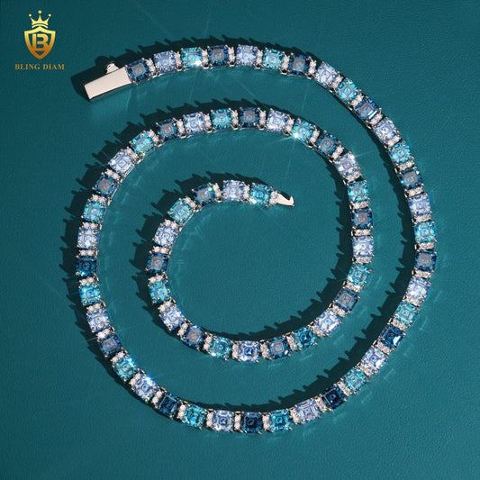 Blue Asscher Cut Moissanite 925 Sterling Silver Tennis Chain