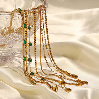 Green Cubic Zircon Heart Figaro Snake Chain Bracelet