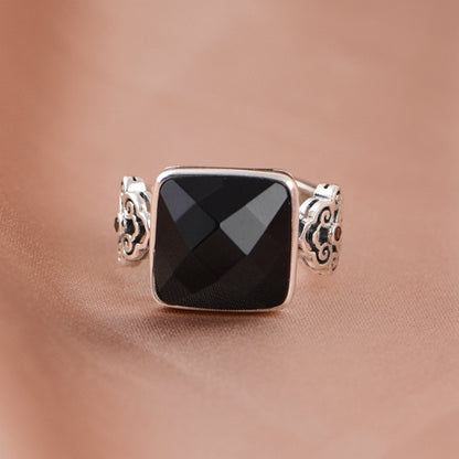 Square Black Agate Adjustable Ring
