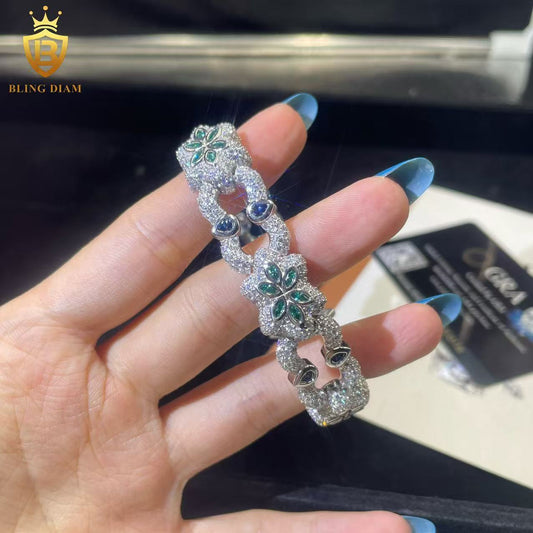 Royal Blue Marquise Moissanite Cuban Link Bracelet