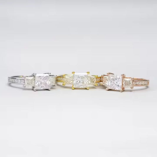 Wedding Ring - Princess Cut VVS Moissanite, Sterling Silver/Gold/Rose Gold
