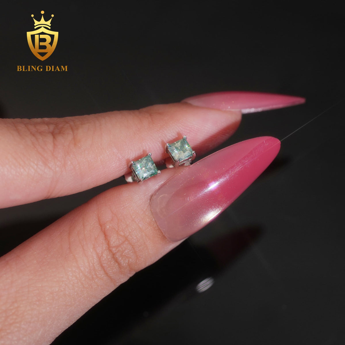 Blue & Green Princess-Cut Moissanite Stud Earrings