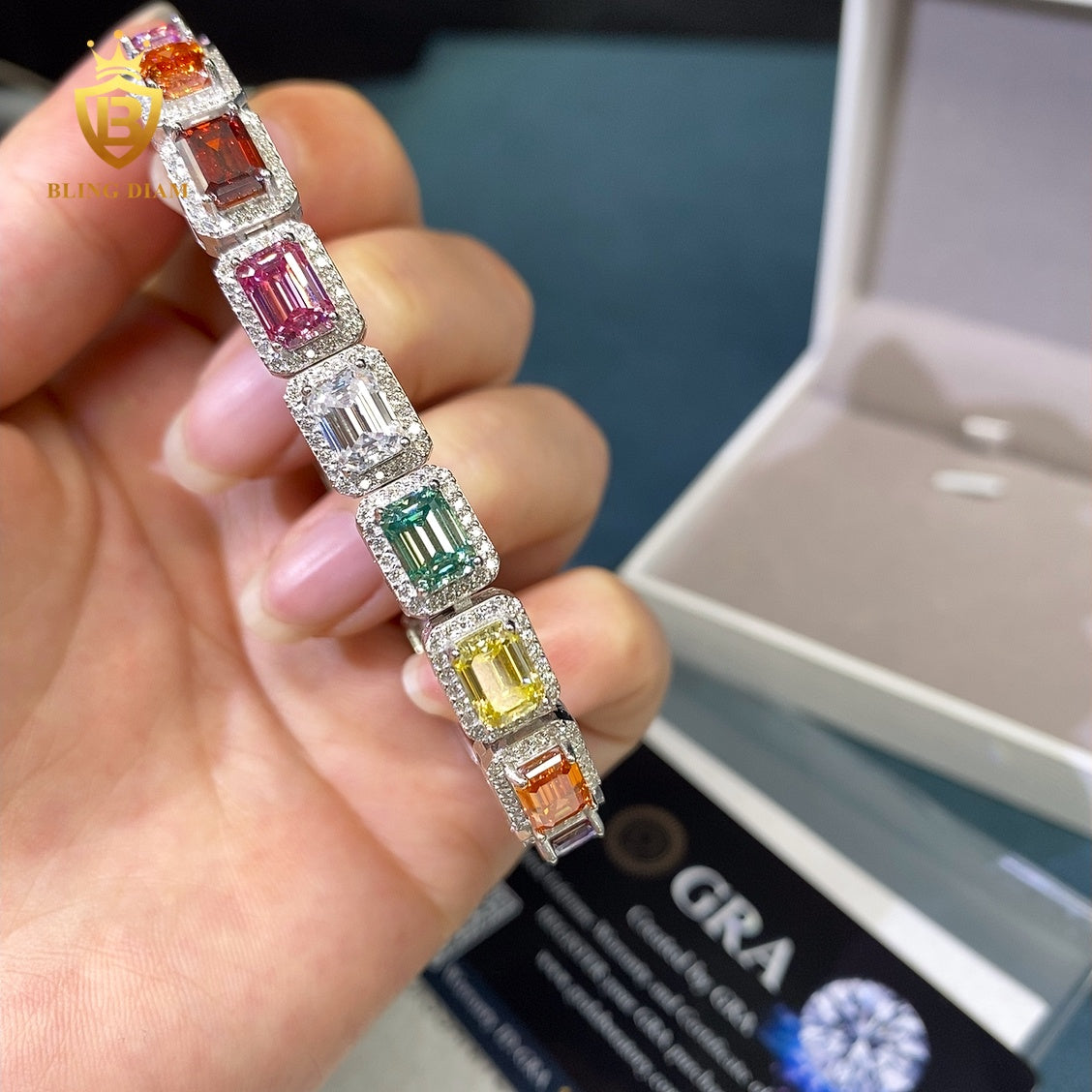 Colorful Emerald Cut Moissanite Tennis Bracelet