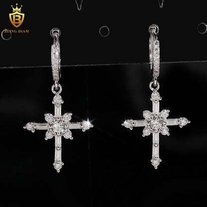 Moissanite Cross Dangle Huggie Hoop Earrings