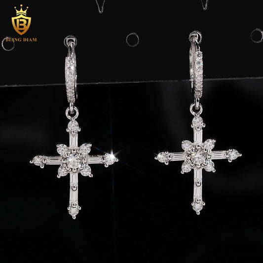 Moissanite Cross Dangle Huggie Hoop Earrings