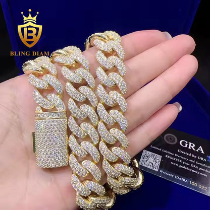 Wide Cuban Link Chain - 15mm VVS Moissanite, 10K Gold Plated Silver