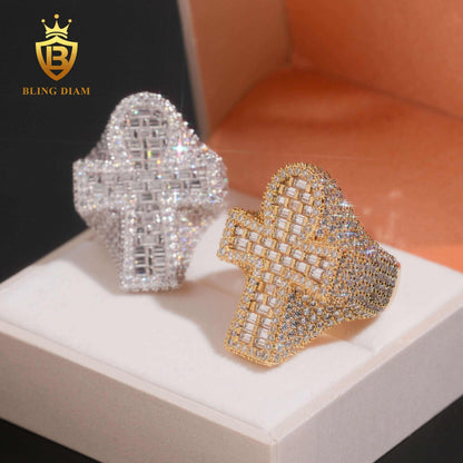 Cross design baguette-cut moissanite ring
