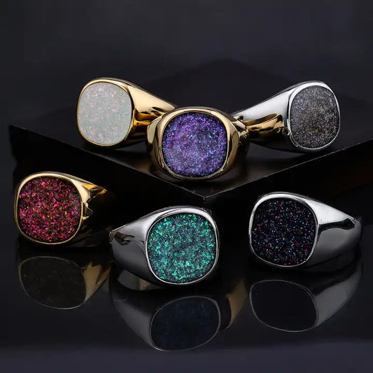 Sparkle Opal Inlay Enamel Signet Ring