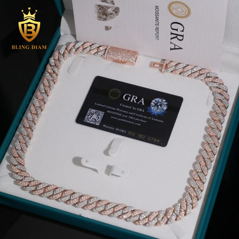 VVS1 Moissanite 925 Silver Rose Gold Plated 13mm Cuban Chain