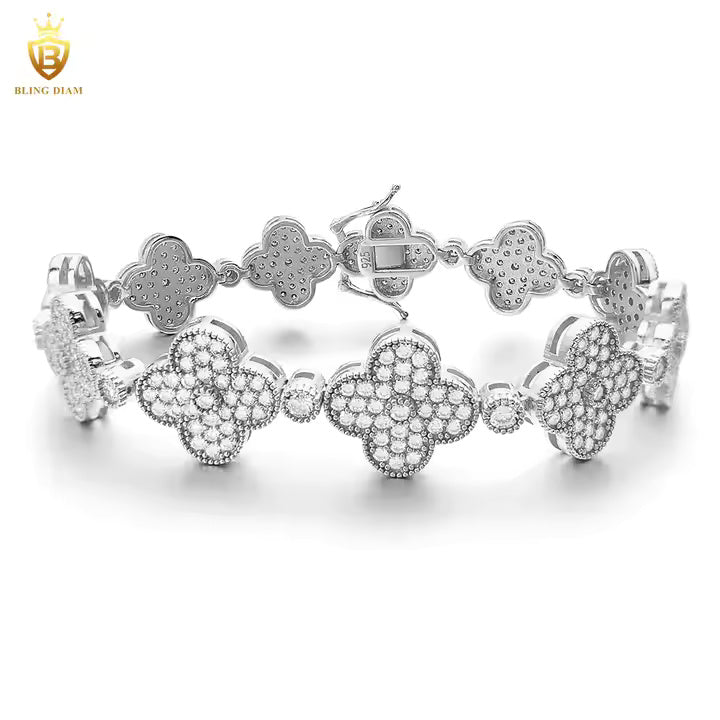 Wide Clover Tennis Bracelet - 15mm Moissanite, 925 Sterling Silver